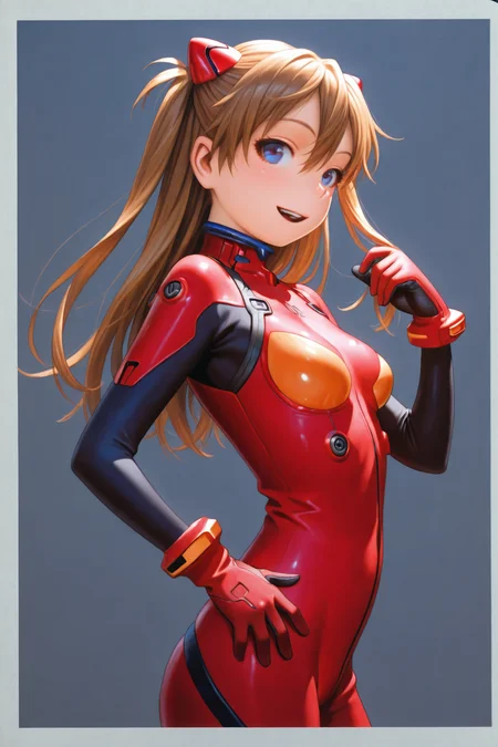 1girl,long hair,plugsuit,bodysuit,souryuu asuka langley,pilot suit,bracer,blue eyes,smile,breasts,bangs,turtleneck,solo,cowboy shot,:d,hair between eyes,gloves,red bodysuit,small breasts,looking at viewer,headgear,two side up,hand on hip,skinny,adjusting hair,narrow waist,standing,brown hair,hand up,hair ornament,happy,from side,dark background,traditional media,
<lora:Range Murata_illustriousXL:1.5>,