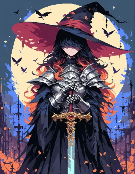 score_9, score_8_up, score_7_up, solo, d3p1x3l, pixel art, ((close up)),
(1girl holding great sword), wearing (huge gothic heavy armor), (slim figure), (wide brim witch hat covers eyes),
brown long hair,
(in dark woods), (abstract background), Triadic color guide, black, yellow, high contrast,
embedding:zPDXL2,
zPDXL, Hand, aesthetic,