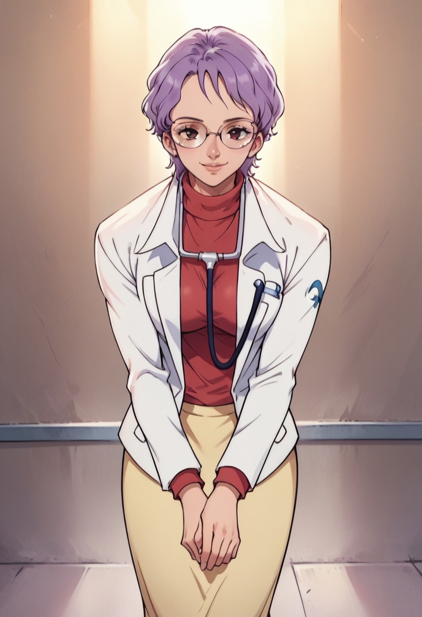 KobatoOP, 1girl, solo, purple hair, short hair, black eyes, lips, round glasses, large breast, white doctor coat, red jumper, light yellow skirt, grey shoes, knee-length skirt, lab coat, turtleneck, stethoscope,
seductive pose, sexy pose, tease,  in the spotlight,,
smile,,leaning forward,hanging breasts,
score_9, score_8_up, score_7_up, beautiful aesthetic, very intricate, high quality details,vibrant, highly detailed, award-winning, professional,anime artwork, anime style, studio anime, athletic, curvy body, athletic girl, perky tits,large breast,perfect tits, round breasts, nipple outline,looking at viewer, pinup pose,teasing, dynamic lighting, cinematic, smug, better than you, aura of temptation, highly detailed, high resolution, masterpiece, detailed clother, detailed background, highly detailed, ((sound effects)) comic layout,