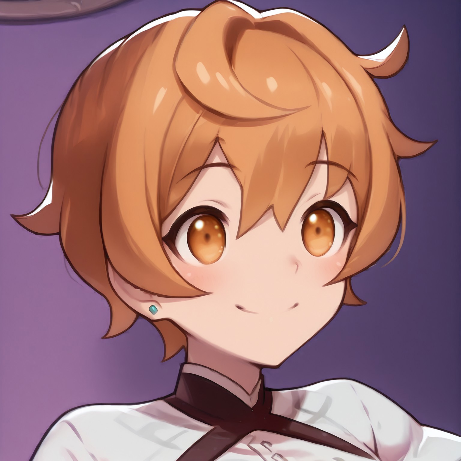 lazypositive, anime screencap, Becky Dragalia, 1girl, orange hair, messy hair, hair between eyes, short hair, orange eyes, stud earrings, bangs,  defaultbecky, white shirt, portrait, smile, open mout,
