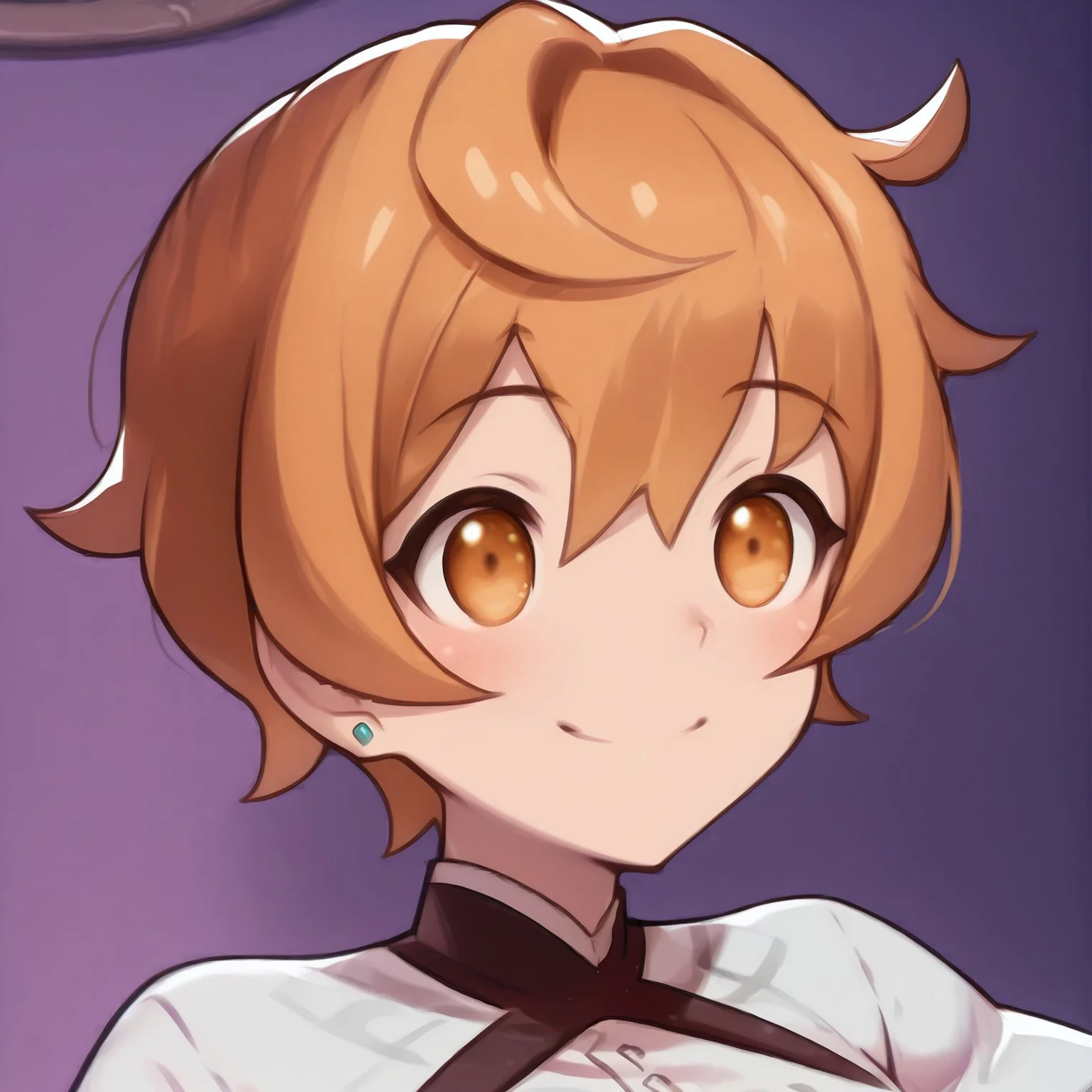 lazypositive, anime screencap, Becky Dragalia, 1girl, orange hair, messy hair, hair between eyes, short hair, orange eyes, stud earrings, bangs, defaultbecky, white shirt, portrait, smile, open mout,
