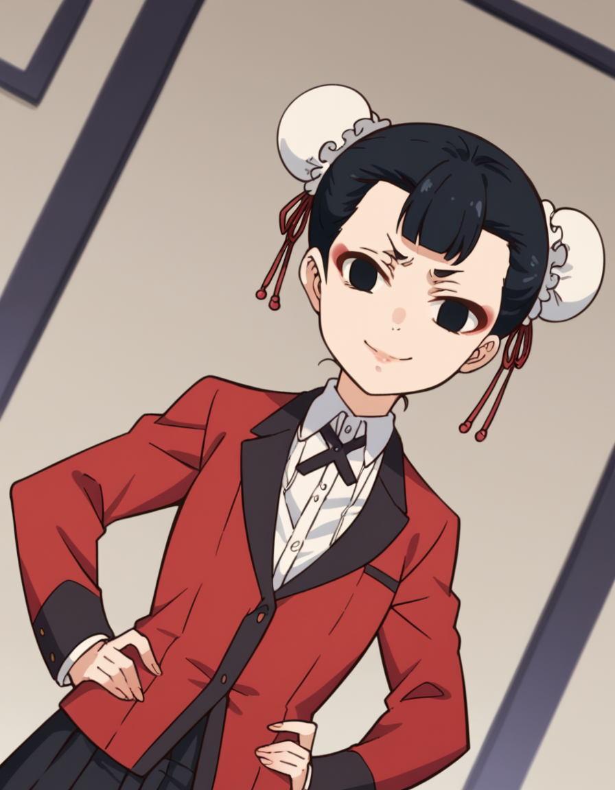 score_9, score_8_up, score_7_up, source_anime, <lora:miri-youbami-s2-ponyxl-lora-nochekaiser:1>, miri youbami, short hair, bangs, black hair, hair bun, black eyes, double bun, makeup, empty eyes, bun cover,, skirt, shirt, school uniform, jacket, white shirt, pleated skirt, collared shirt, black skirt, blazer, red jacket,, indoors, smug, smile, looking at viewer, solo, hands on hips,, cowboy shot, dutch angle
