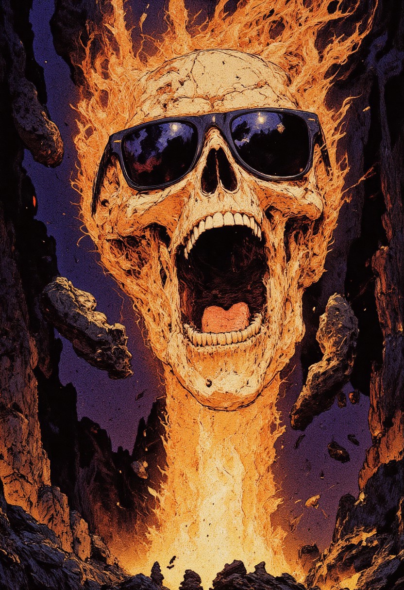 Illustration in the style of cksc of a floating skull wearing sunglasses. It's centered, yelling while on fire and suspended in a void.
