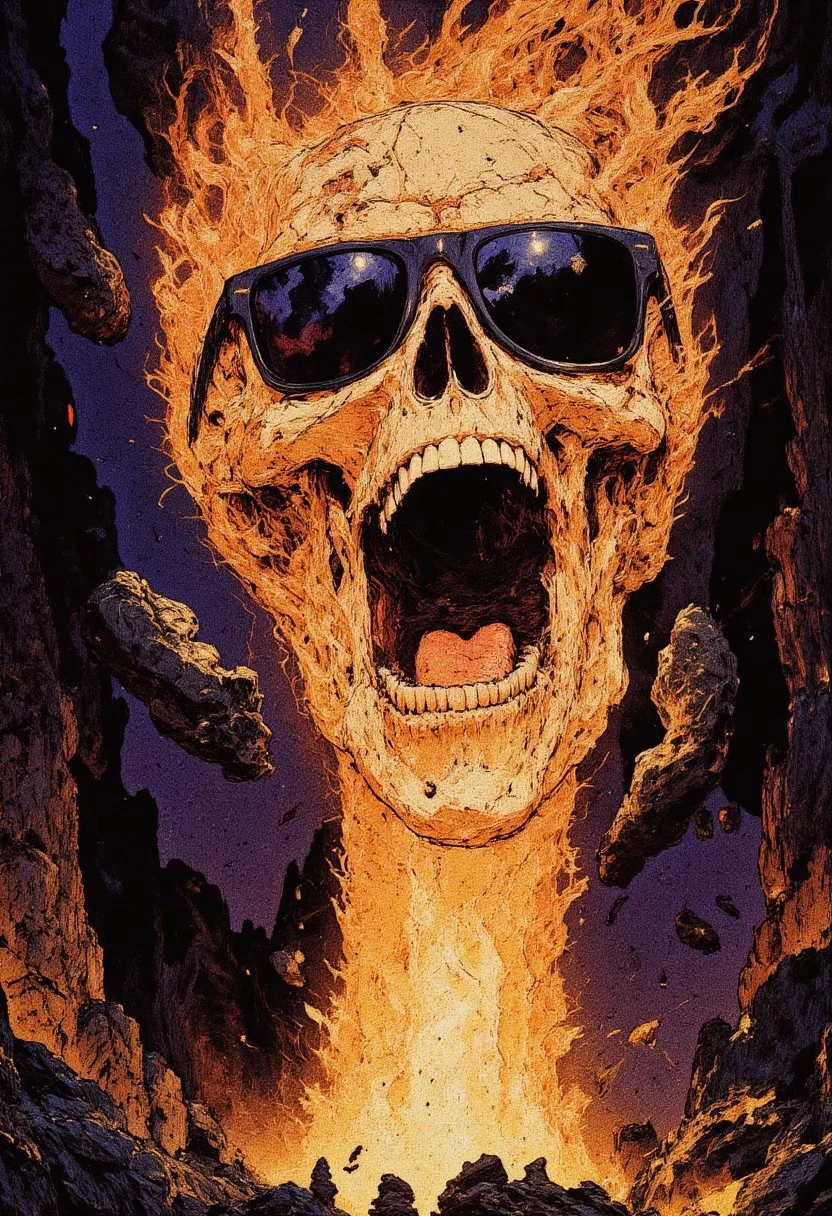 Illustration in the style of cksc of a floating skull wearing sunglasses. It's centered, yelling while on fire and suspended in a void.