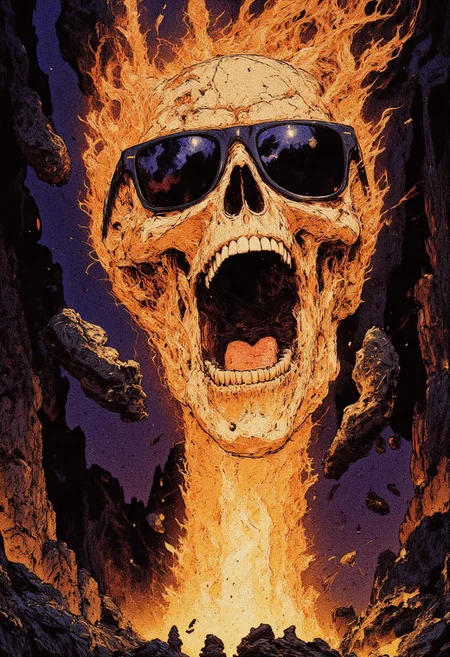 Illustration in the style of cksc of a floating skull wearing sunglasses. It's centered, yelling while on fire and suspended in a void.