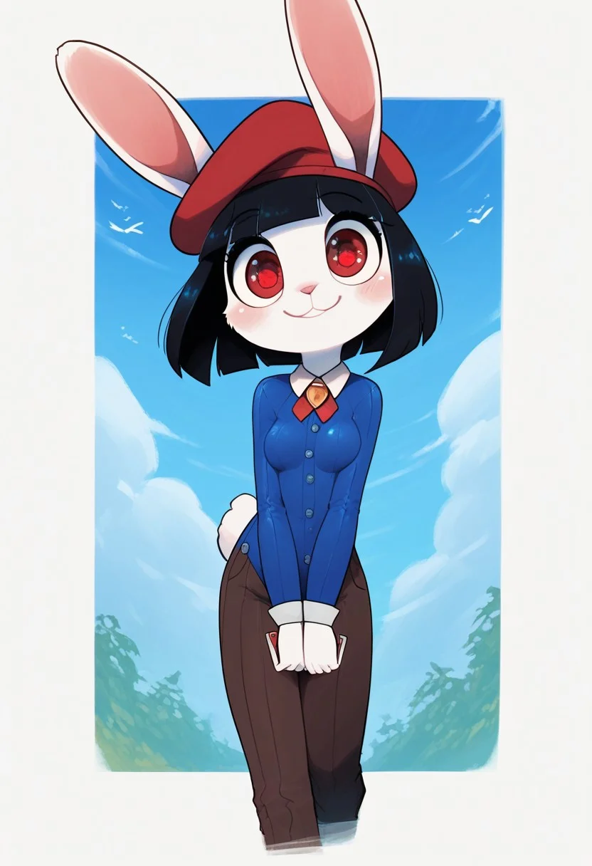 score_9, score_8_up, score_7_up, score_6_up, innocent and alluring, masterpiece, best quality, 1girl, 21 year old, (cute, anthro, female, bunny , thin body, detailed face, beautiful detailed eyes, red eyes, bunny tail, small round breasts, white fur, round head, big eyes, bunny ears, black hair, bob cut), (outdoors, flight attendant outfit, smile, happy, sunny day, wink, beret), (solo)