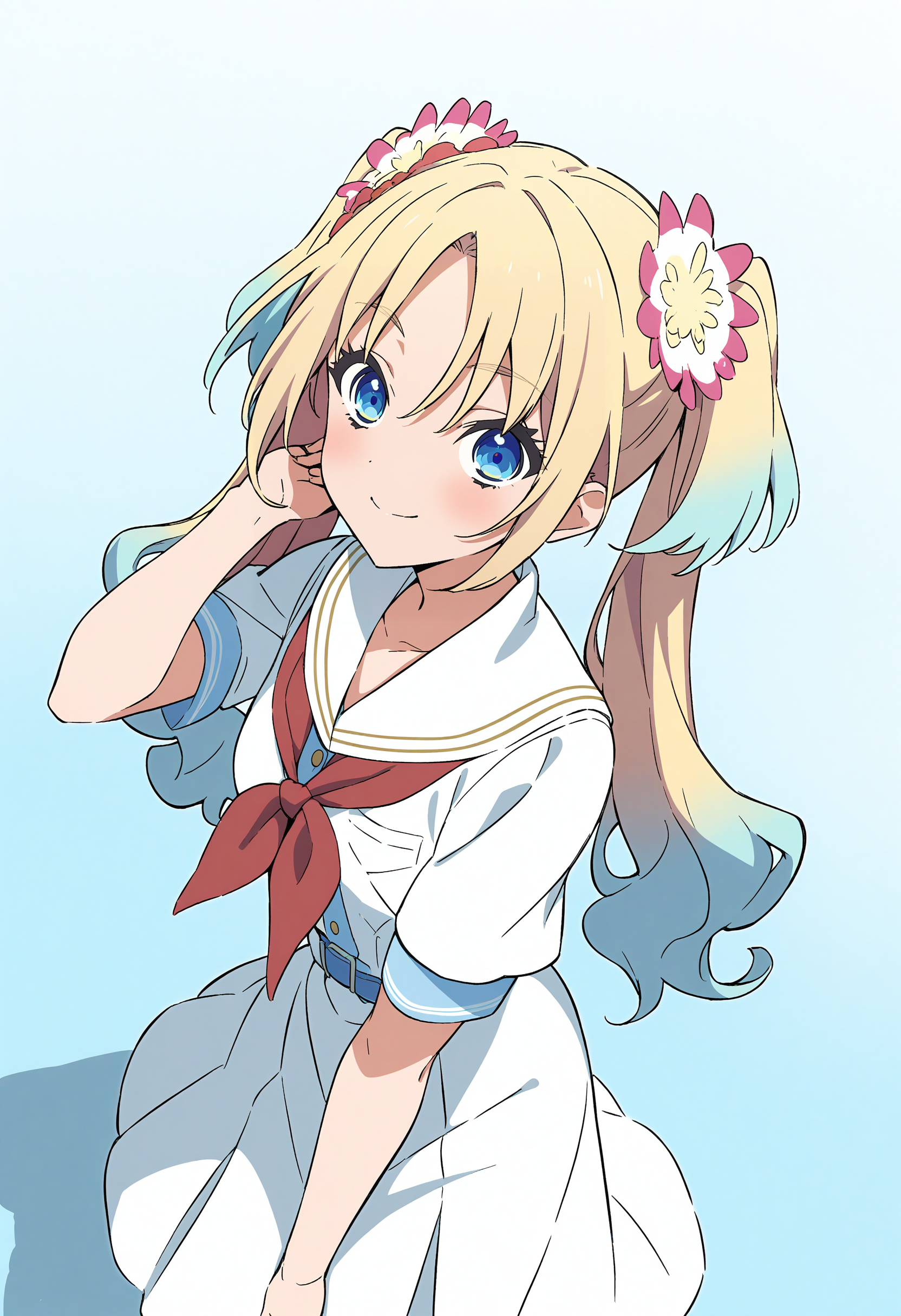 1girl, best quality, masterpiece, anime, anime coloring, simple background, light blue theme, light blue background,
<lora:A_XL_Osawa Rurino v3_Animagine31:1> osawa rurino, link! like! love live!, blonde hair, long hair, blue eyes, hair ornament, multicolored hair, gradient hair, twintails, parted bangs, double twintails, cute,
summer uniform, hasunosora school uniform, short sleeves, red neckerchief, white shirt, white skirt, looking at viewer, smile, dynamic angle, head tilt, dappled sunlight, sunlight, wind blow, from above