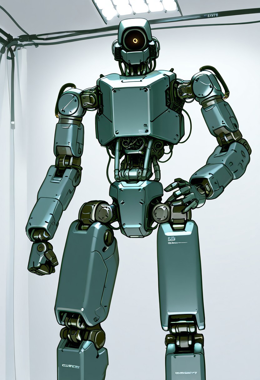 mech, general, solo, looking at viewer, standing, hand on hip, no humans, looking down, robot, wires, cables, clenched hand, science fiction, one-eyed, Non-Humanoid_robot, redesign, photoshoot, studio lighting, mecha, robotics, mechanical parts,