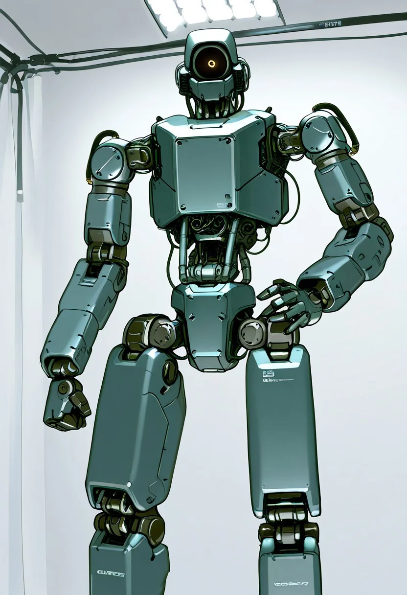 mech, general, solo, looking at viewer, standing, hand on hip, no humans, looking down, robot, wires, cables, clenched hand, science fiction, one-eyed, Non-Humanoid_robot, redesign, photoshoot, studio lighting, mecha, robotics, mechanical parts,