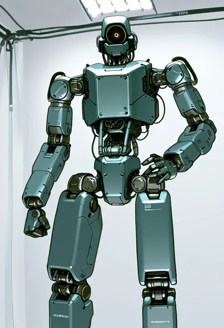 mech, general, solo, looking at viewer, standing, hand on hip, no humans, looking down, robot, wires, cables, clenched hand, science fiction, one-eyed, Non-Humanoid_robot, redesign, photoshoot, studio lighting, mecha, robotics, mechanical parts,