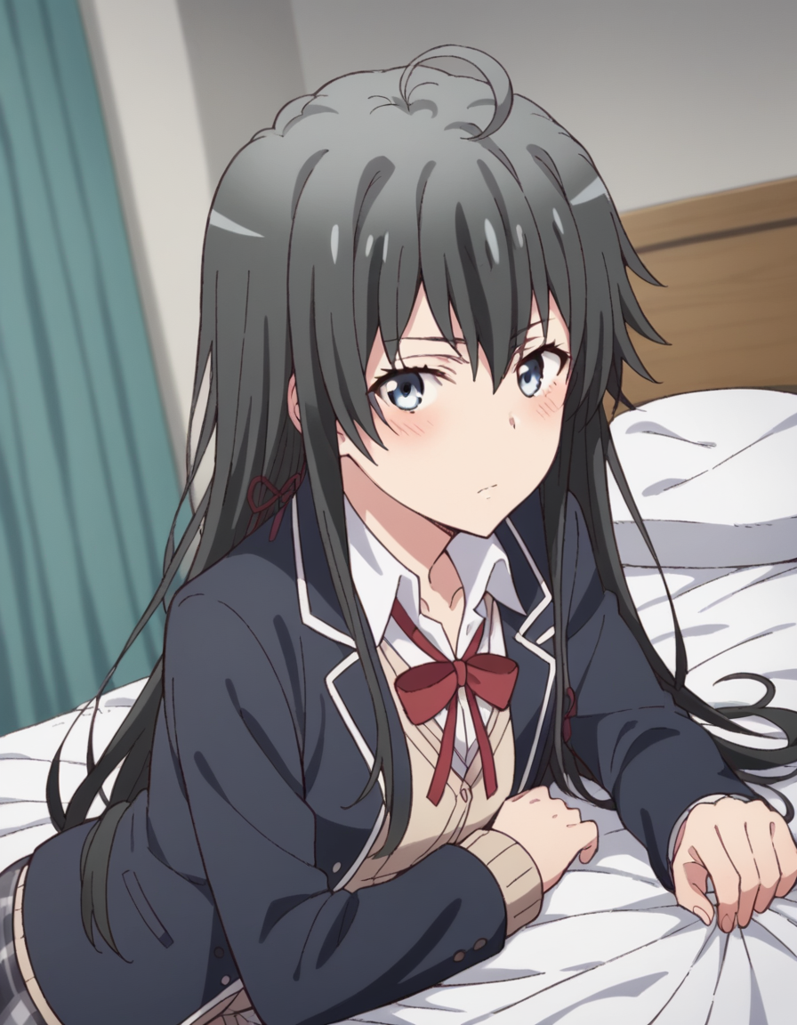 score_9, score_8_up, score_7_up, source_anime,
yukinoyukinoshita, <lora:yukino-yukinoshita-s2s3-ponyxl-lora-nochekaiser:1>,
yukino yukinoshita, black hair, blue eyes, long hair, ahoge,
blazer, cardigan, jacket, plaid, plaid skirt, school uniform, skirt, sobu high school uniform,
indoors, bed, bed room, on side, blush, drunk,
looking at viewer, cowboy shot, dutch angle, solo,