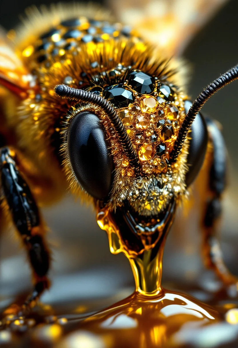 Highly detailed macro shot of honeybee made out of black diamonds, honeycomb shimmering glistening black diamonds that twinkle, honey falling to the grounds, gold string ties it all together, p1nkblackd1am0nds, enhanced textures, creative, beautiful, vibrant, masterpiece, 8k, ultra HD, ultra-detailed, amazing quality, amazing artist, sharp edges, detailed textures, full view, atmospheric lighting, amazing visuals