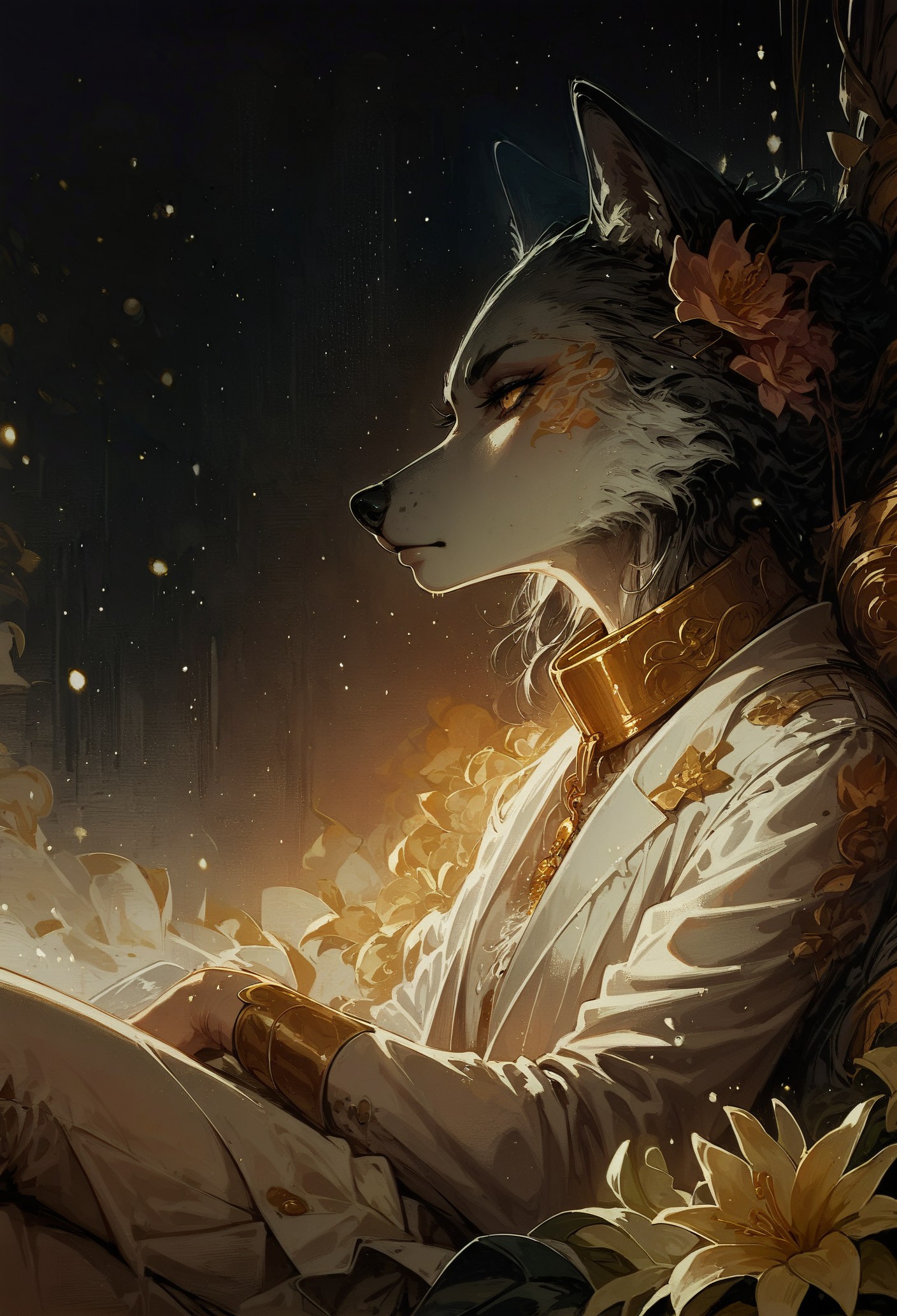 score_9, score_8_up, score_7_up,  wolf, side view, sitting, opal, bright particles, darkness, gloom, golden cherry blossom tones, Japanese aesthetic, lilies, explosive bright particles in the form of sparks of light, gold collar, black theme, black background  <lora:pony/twilight_style:0.8> <lora:pony/expressiveh:0.8> expressiveh <lora:pony/neon_cyberpunk_splash_art:0.8> <lora:sdxl/sinfully_stylish_sdxl>