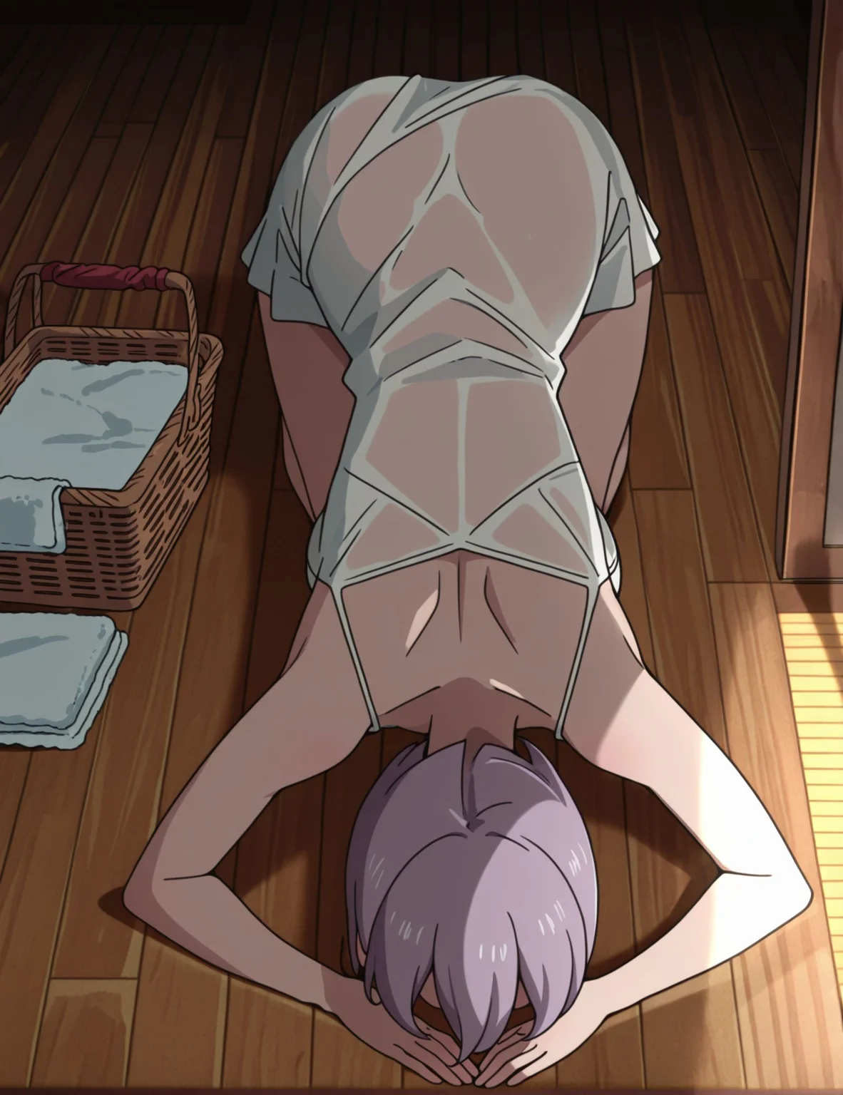 masterpiece,best quality,amazing quality,very aesthetic,absurdres,newest,huge filesize,
<lora:spo_sdxl_10ep_4k-data_lora_webui:0.5>,
<lora:add-detail-xl:1> anime coloring, 
uncensored, 
<lora:Dogeza:0.6>,dogeza, 1girl, solo, 
on floor, 
<lora:Blowjob_Bar:0.5>Blowjob Bar,
1girl,
breasts,
cleavage,bag, front view,
blush,dogeza,facedown,
Sexy dress,basket , 
basket with lubricants and towels,
Amenity goods basket,
lubricants,towels,
small room, miniskirt, see-through clothes,  open doors,
dark, spotlight,  pov, 
from above,  wooden floor, 
BREAK 
<lora:Benten:1>
 Benten, purple hair, short hair,