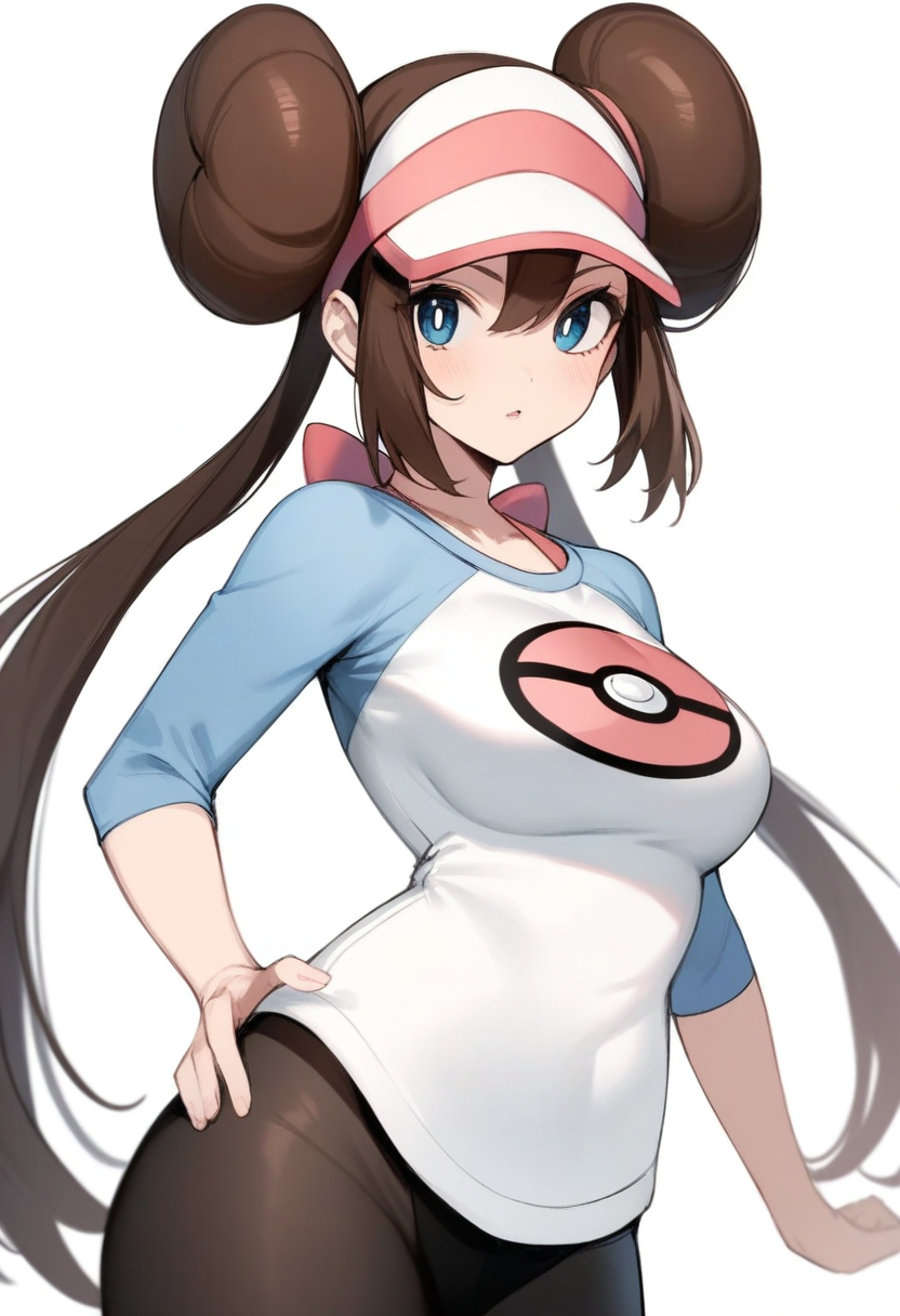 masterpiece,best quality,very aesthetic,absurdres,<lora:rosa_(pokemon):1>,rosa_\(pokemon\), highres, breasts, raglan_sleeves, absurdres, simple_background, print_shirt, 1girl, doughnut_hair_bun, solo, upper_body, pantyhose, white_background, visor_cap, commentary_request, looking_at_viewer, hand_on_own_hip, parted_lips, poke_ball_print, double_bun