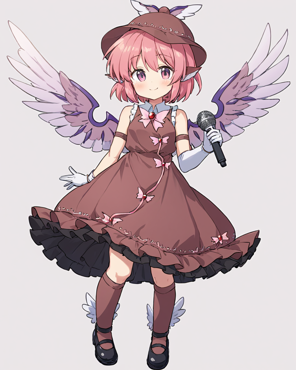 mystia lorelei,1girl, solo, full_body, smile, bird_wings, kneehighs, white_gloves, holding_microphone, adapted_costume, white_background, black_footwear, blush, white_wings, shoes, frilled_dress, hat, brown_socks, closed_mouth, sleeveless_dress, simple_background, brown_headwear, bare_shoulders, pink_dress, brown_dress
<lora:mystia_lorelei_image8444_2023-12-14-000007:1>,star-shaped_pupils,symbol-shaped_pupils,. gorgeous,key visual, vibrant, studio anime,award-winning, professional, highly detailed,high budget, cinemascope