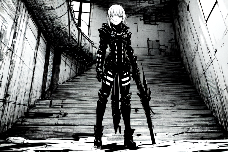 highly insanely detailed, masterpiece, top quality, best quality, highres, 4k, 8k, RAW photo, (very aesthetic, beautiful and aesthetic),  
tsutomu nihei,nihei_tsutomu,blame!,blame gakuen!,abara,TNstyle,sidonia_no_kishi,(sidonia \(ship\),stairs),cyberpunk,empty, 
<lora:ABARA:0.8>, 
(1girl:1.3), 
solo focus, 
metallic silver background,âââ