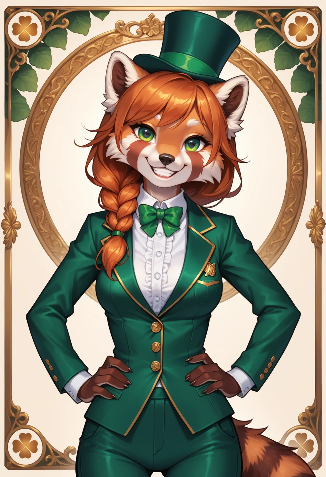 score_9, score_8_up, score_7_up,
source_furry, high quality, perfection, detailed, aesthetic, well-lighted,
1girl, solo, upper body,
(holiday card), (saint patrick's day), four-leaf clover background, gold coins background,
furry female, anthro, furred body, fluffy fur, beautiful girl, cute girl, adult, youthful, beautiful face, beautiful eyes, perfect eyes, detailed eyes,
red panda girl, medium breasts, orange hair, single braid, green eyes, good hands,
leprechaun, formal suit, green suit, gold designs, jacket, pants, top hat,
grin, happy, happy expression, hands on hips,