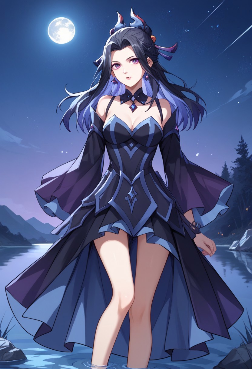 score_9, score_8_up, score_7_up, score_6_up, source_anime, lake, moon light, starry sky, night sky, Ye Hou, black dress, purple eyes, black hair, hair ornaments,