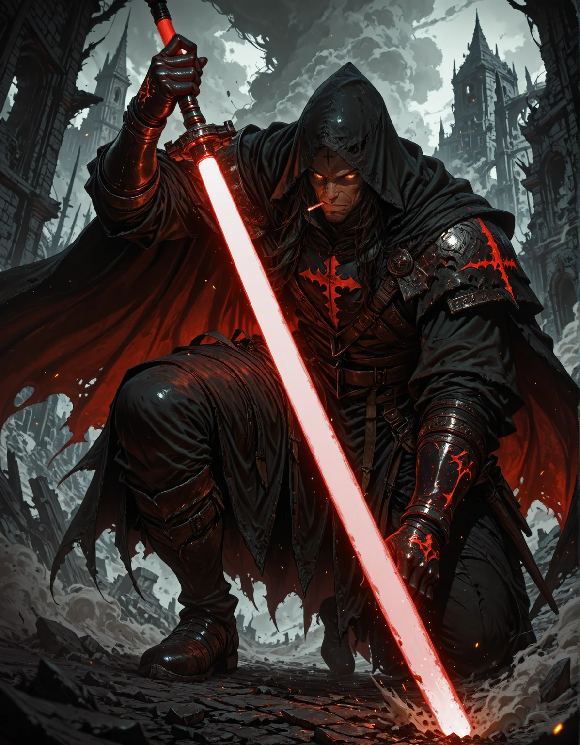 masterpiece, best quality,high quality, newest, highres,8K,HDR,absurdres, 1boy, solo, Sith, young, red lightsaber, evil, handsome, hood, long hair, broken battlefield, smoking ruins, defeated dragon in background, medieval fantasy, determined expression, torn cape, glowing embers, bloodstained gauntlets, cinematic lighting, dynamic pose, foreshortening, intense depth of field, epic composition, heroic warrior, gritty realism, medieval battlefield, dust and ash in air, intricate details, medieval legend aesthetic., detailed background, dynamic pose, dynamic composition,dutch angle, detailed backgroud,foreshortening,blurry edges <lora:iLLMythG0thicL1nes:1> G0thicL1nes