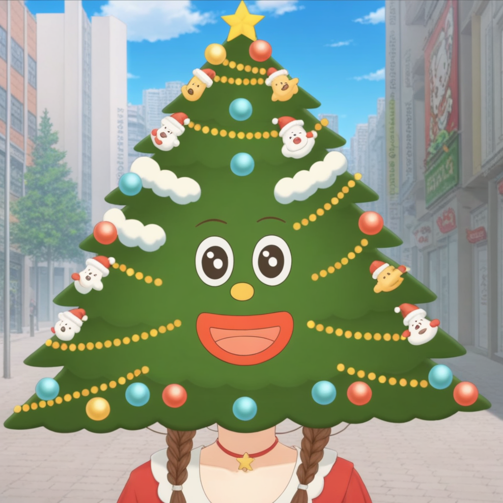 koronetree, braid, brown hair,christmas, christmas lights, christmas ornaments, christmas tree head, hair ornament, long hair, merry christmas, open mouth, solo, twin braids, twintails,
 <lora:KORONETREE-XL-t1-000004:0.6>