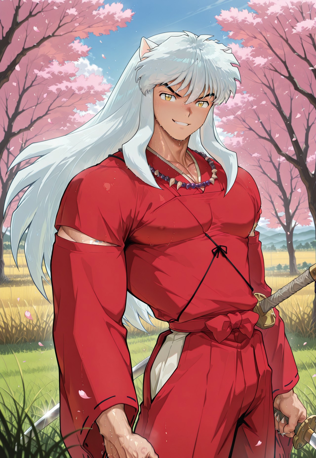 masterpiece, best quality, newest, absurdres, highres, male, bara, male focus, 1boy, muscular, v-taper, long torso, narrow waist,

Inuyasha, long hair, kimono, yellow eyes, white hair, animal ears, in field, cherry blossoms, windy, holding weapon, armpit hair peek, slightly sweaty, grin