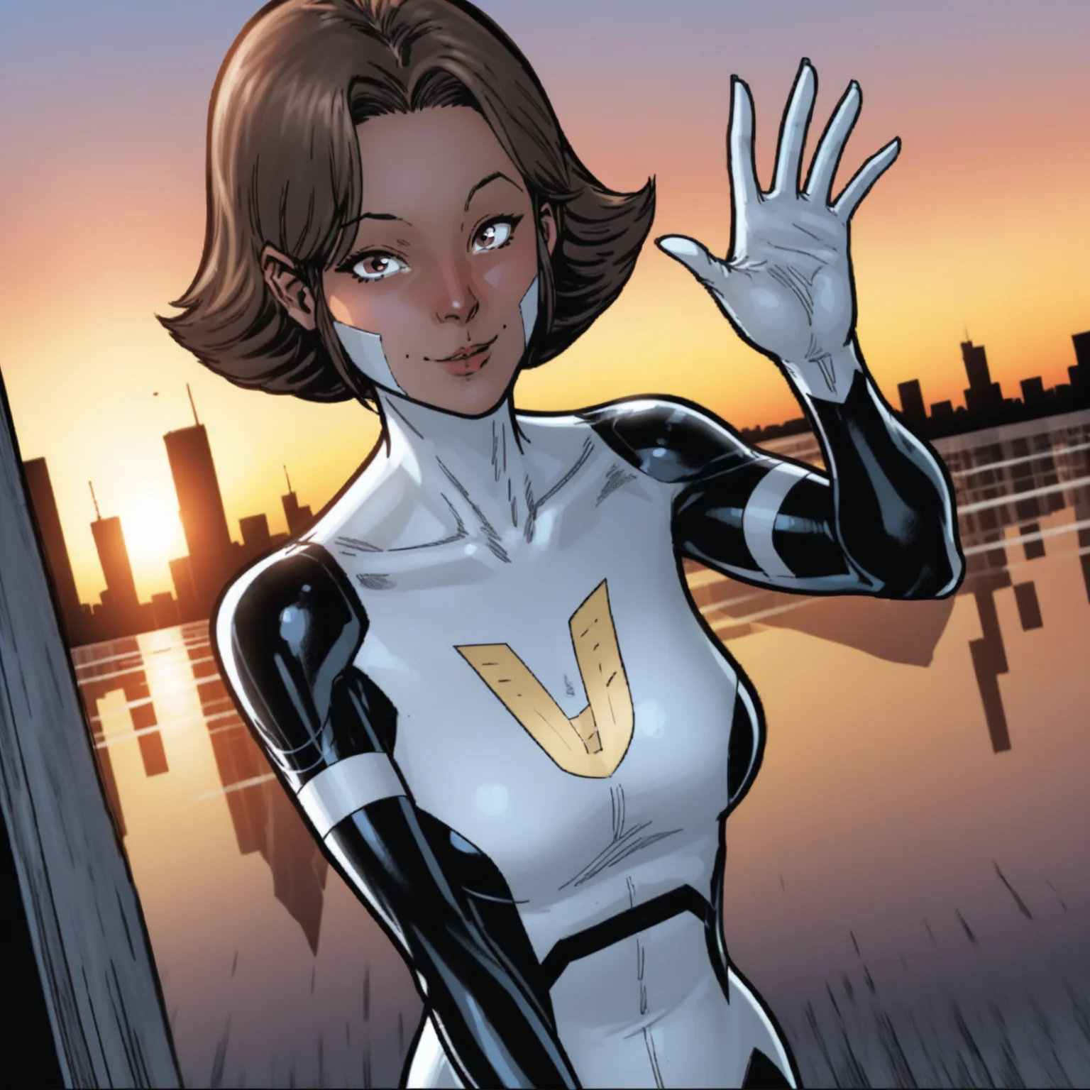 f42ky, 1girl, bodysuit, brown eyes, short hair, brown hair, city, sunset, waving, looking at viewer, <lora:F42kyV2:1>  <lora:Anime Summer Night Style SDXL_LoRA_Pony Diffusion V6 XL:0.3>