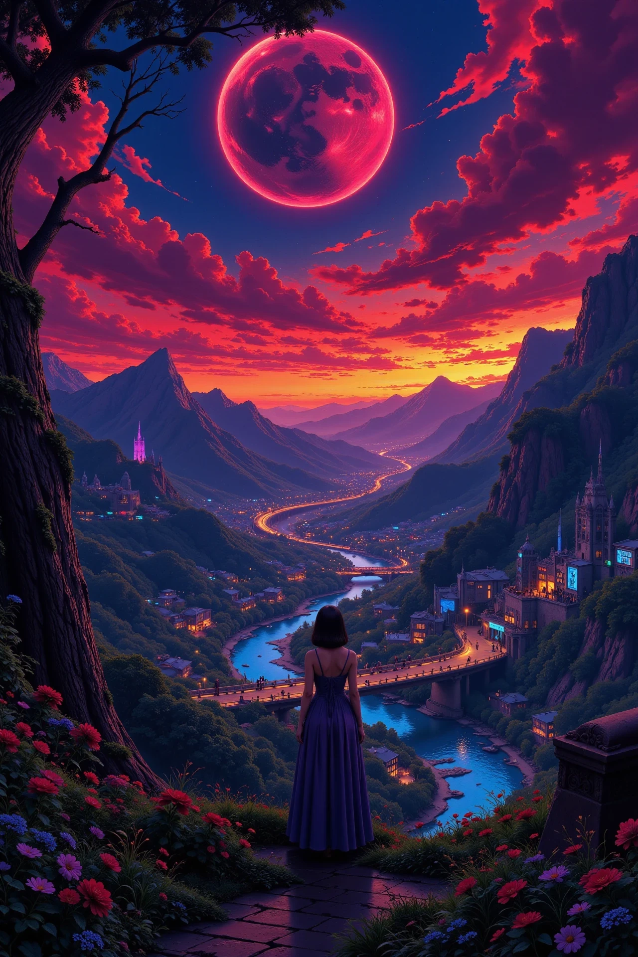 cyberpunk world beautiful  landscape, evening, woman, very intricate, very detailed, sharp, bright, colorful, <lora:Hand v2:0.5> <lora:Anti-Blur:1><lora:Insane Detail Slider:0.25>  <lora:flux.1_lora_flyway_Epic-detail_v2:0.3> <lora:fluxenhancer:0.25> <lora:Anime_style:0.6> anime style