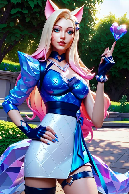 score_9, score_8_up, score_7_up, masterpiece, high quality,
 <lora:KDAAhriPonyLora:1> allout, 1girl, fox ears, long hair, facial mark, multicolored hair, gradient hair, hairclip, diamond necklace, blue white gown, right blue single long sleeve:1.2, left single bare shoulder, left single fingerless glove, thigh strap, fox tail, multiple tails, nail polish, crystal, standing in a park, heart
