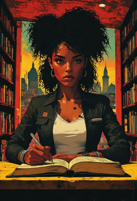 Wide angle shot of a black woman in curly afro hairdo sitting at a table, ready to sign the title page of the book in front of her with a fountain pen. She is wearing a black leather jacket, a white tank top T-shirt. Behind her is a bookcase full of books with colorful spines. Dramatic lighting captures fine details in furniture design, intricate clothing folds, and the opulent state of the location. anime style, vibrant colors, cinematic shot, soft lighting, a reddish light pervades the room, frontal view, full body, midjourney_whisper_avant_couture, colorful eclectic city in background, surreal, things morphing in each other, futuristic sci-fi world, wired, wires