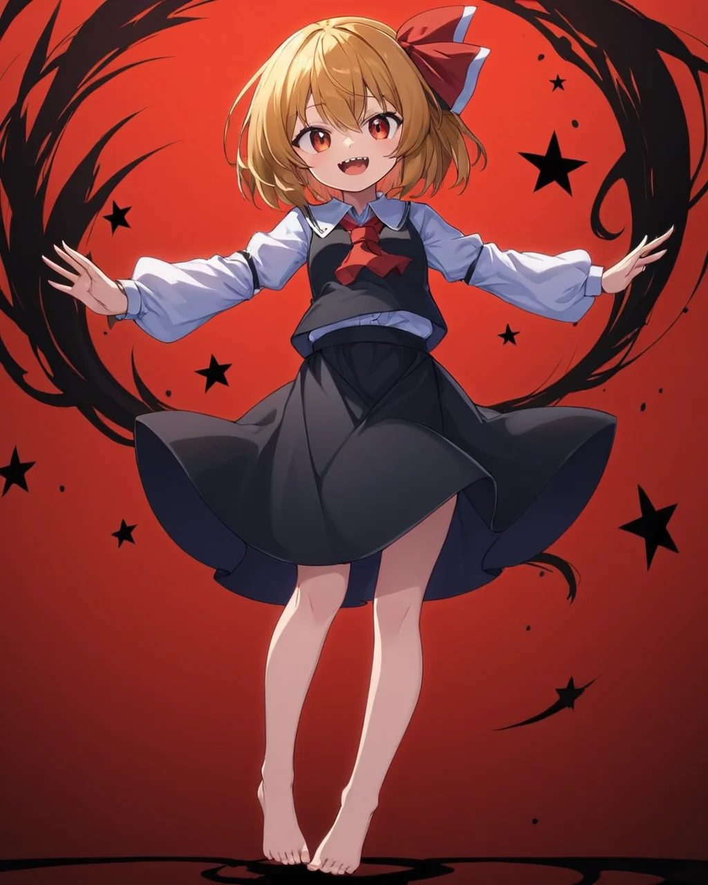 rumia,1girl, black_skirt, long_sleeves, white_shirt, red_background, black_vest, open_mouth, red_ascot, hair_ribbon, red_ribbon, smile, darkness, looking_at_viewer, solo, collared_shirt, tongue, skirt_set, bare_legs, puffy_sleeves, fangs, wing_collar, full_body, teeth, barefoot
<lora:rumia_image9795_2023-12-11-000007:1>,star-shaped_pupils,symbol-shaped_pupils,. gorgeous,key visual, vibrant, studio anime,award-winning, professional, highly detailed,high budget, cinemascope