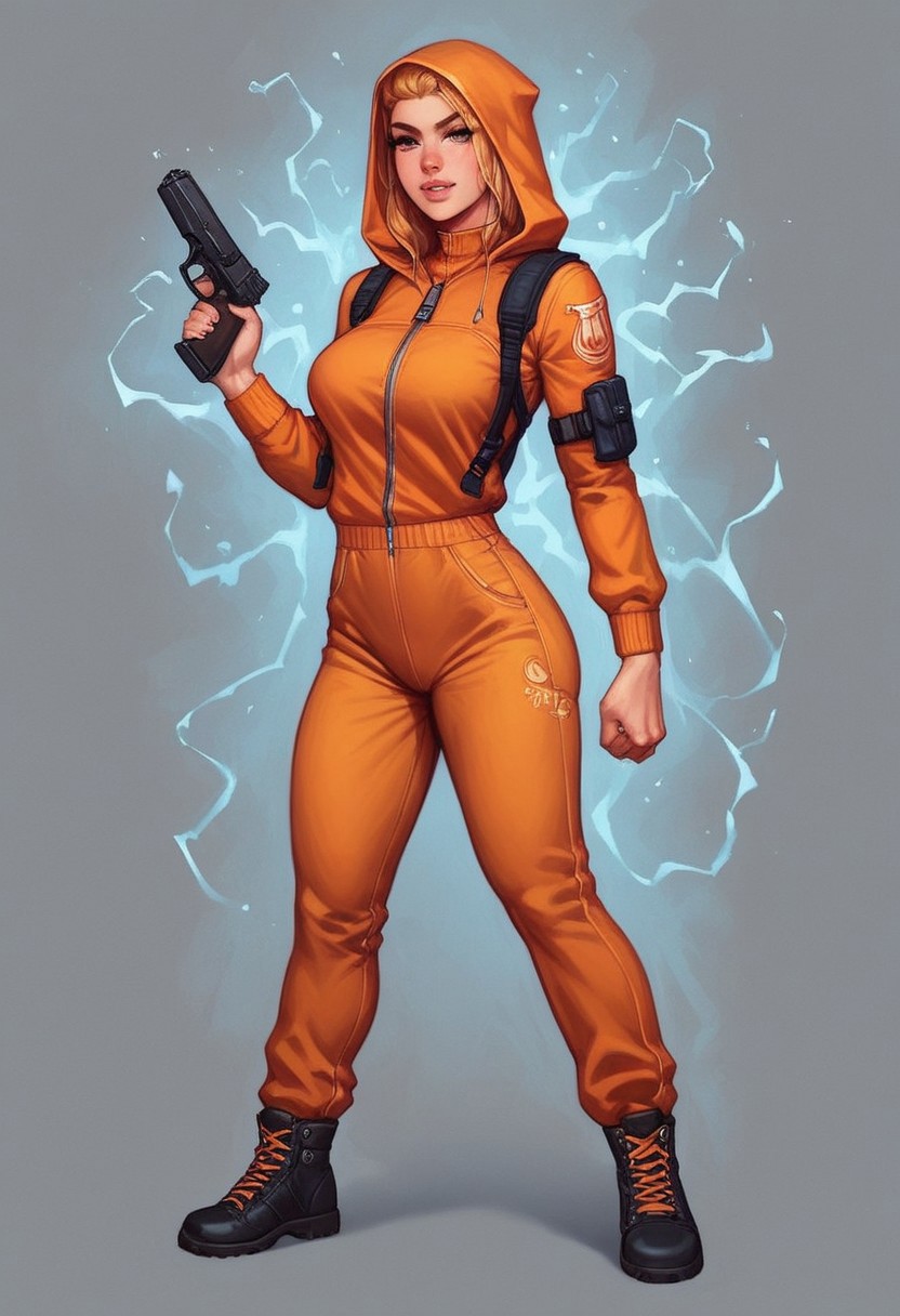 (1girl), Lyra's iridescent jumpsuit shimmers like a moonlit lake, with neon pink and electric blue accents. Her hair crackles with electricity, styled in loose waves. Eyes burn like hot coals in fiery red and orange
((((full-clothed)))), ((long big pistol in hands, handgun in hands))
BREAK 
strange world background score_9, score_8_up, score_7_up, score_6_up, source_cartoon, rating_explicit, Expressiveh, (((((full body))))), dynamic pose