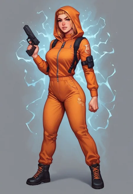 (1girl), Lyra's iridescent jumpsuit shimmers like a moonlit lake, with neon pink and electric blue accents. Her hair crackles with electricity, styled in loose waves. Eyes burn like hot coals in fiery red and orange
((((full-clothed)))), ((long big pistol in hands, handgun in hands))
BREAK
strange world background score_9, score_8_up, score_7_up, score_6_up, source_cartoon, rating_explicit, Expressiveh, (((((full body))))), dynamic pose