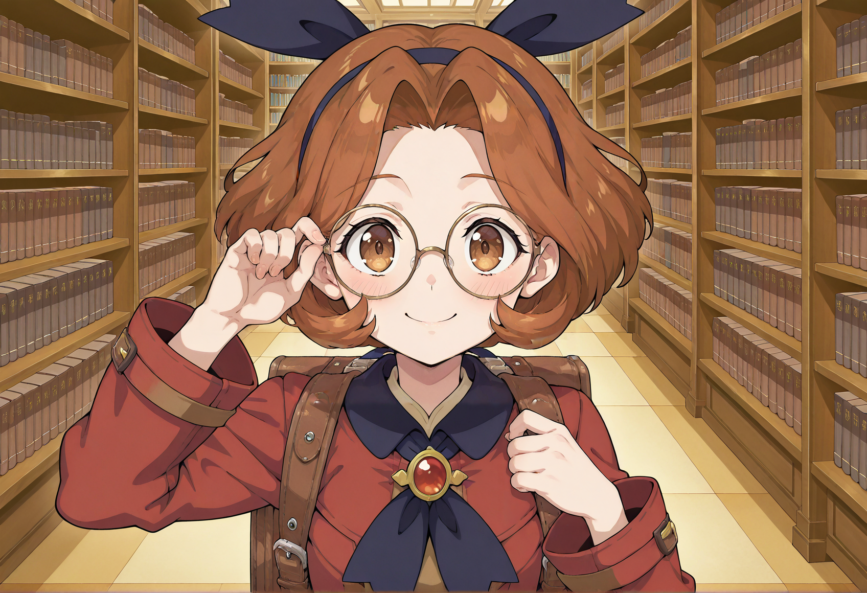 anime screencap, anime screenshot, anime coloring, 1girl, brown hair, brown eyes. short hair, red coat, hairband, solo, backpack, upper body, indoors, library, fixing eyewerar, round eyewear, smile, looking at viewer,  <lora:carol_wild_arms:1>, masterpiece, best quality, amazing quality, very aesthetic, absurdres, highres, newest