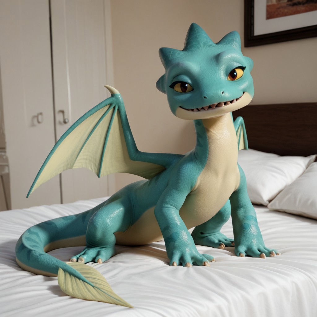 score_9, score_8_up, score_7_up, score_6_up, score_5_up, score_4_up, masterpiece, high quality, realistic, detailed, best quality, white bed, solo, rating_safe, source_furry, bedroom, smiling, seductive, looking at viewer, on bed, full body, summer_rr, dragon, teal scales, wings, tail, webbed feet, female, 1girl, yellow sclera, black pupils