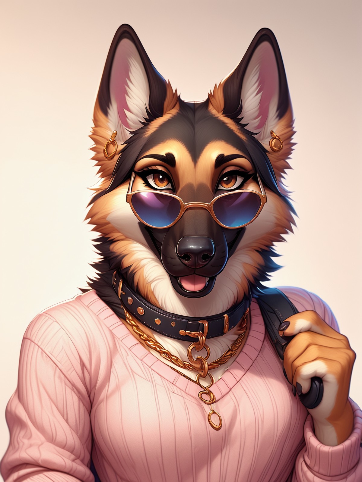 score_9,score_8,source_furry,
<1girl:1.5>,
<solo:1.5>,
german_shepard_anthro, gsd_anthro, dog girl, bing IC, 1girl, furry, solo, furry female, tongue, jewelry, sweater, tongue out, animal ears, snout, holding, sunglasses, pink sweater, chain, earrings, collar, necklace, animal nose, upper body, teeth, gradient background, orange fur, gold chain, gradient, looking at viewer, fox ears, long sleeves, chain necklace, brown eyes, brown fur, simple background, smile, body fur, artist name,
<lora:German_Shepard_Anthro_Pony_SDXL:1> german_shepard_anthro