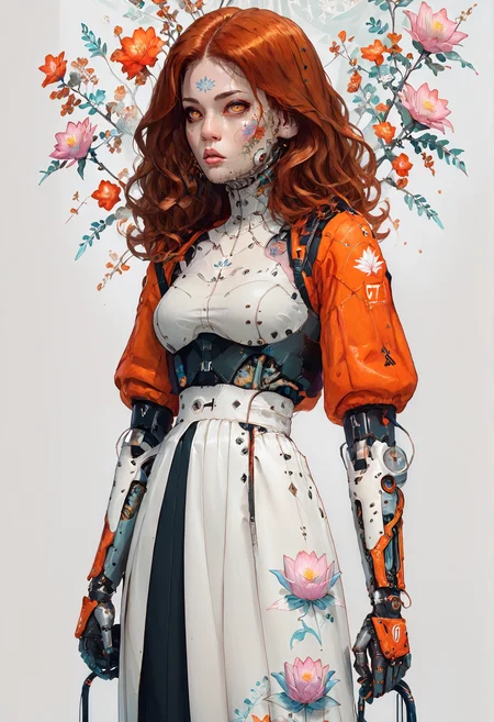 score_9,score_8_up,score_7_up,score_6_up,score_5_up,score_4_up,1 girl,solo,female focus,looking at the spectator,(Round face, amber eyes, soft lips, medium-length wavy auburn hair, 5'4", 118 lbs, medium breasts, narrow waist, hourglass shape, a lotus tattoo on the wrist, light olive skin, chubby cheeks, and a prominent forehead.:1.3),(A lavender lace bra paired with a white puffy mini skirt, and finished with soft lavender high heels on a platform, with intricate lace patterns and a skirt made of premium chiffon, creating a delicate and elegant ensemble.:1.3),(plain contrasting background:1.3),(full-length:1.5),hands,Perfect hand,Perfect feet,Perfect eyes,cyb0rg,science fiction,cable,mechanical parts,<lora:feet v3:1>,<lora:hand 4:1>,<lora:PerfectEyesXL:1>,zPDXL2,zPDXLpg,<lora:cyb0rgXLP:0.8>,<lora:add-detail-xl:1>,<lora:DP-Pony:1>,p33rs,<lora:incase-ilff-v3-4:0.2>,
