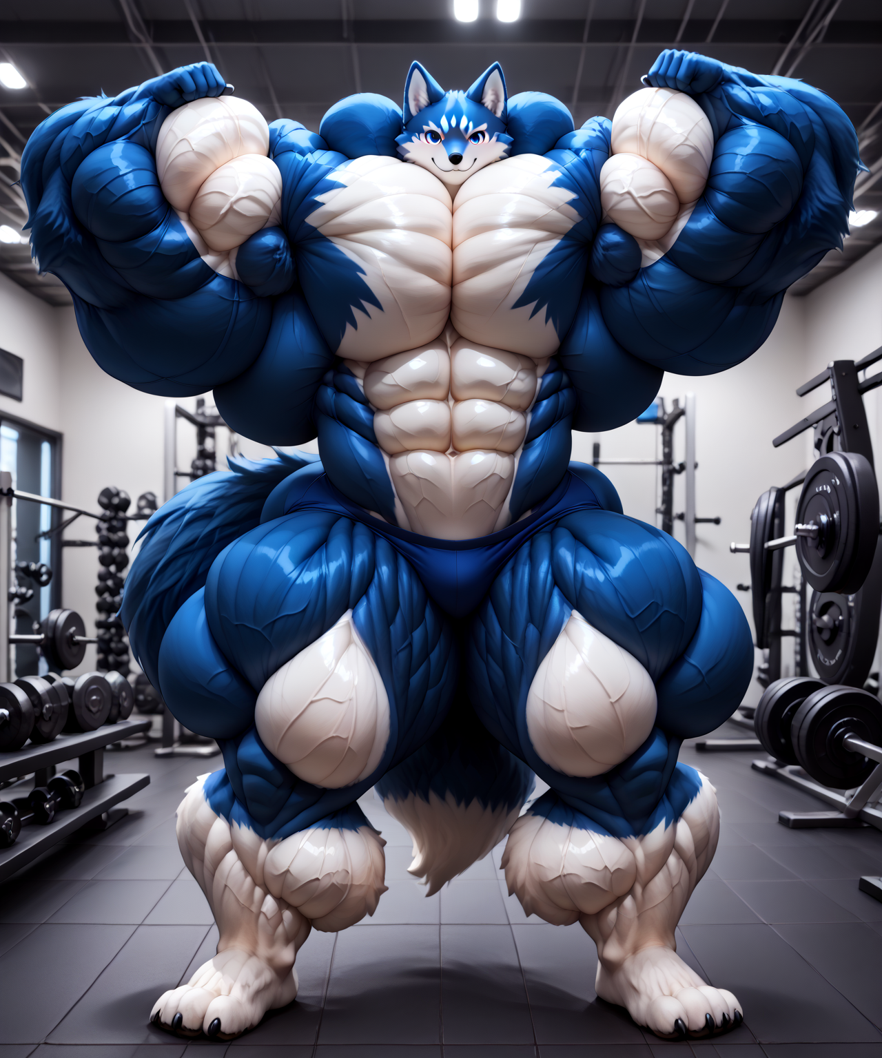 StellarPulse, Surreal 3D render, Fluffy Highly Muscular Foxes, Hyper Muscles Werefox, Fursuit Muscles, Fursuit Muscular, Muscles Hyper Buff, 1boy, furry, kemono, standing, fox tail, full body, highly muscular anthropomorphic fox standing confidently in a gym. The fox has an exaggeratedly large and well-defined muscular physique, with prominent biceps, abs, and a tail that curls slightly at the end. It is wearing a pair of blue gym shorts. The background shows a well-lit gym with various weightlifting equipment, including dumbbells and barbells, arranged on racks. The setting appears to be a typical gym environment, with a focus on fitness and strength training, 8k resolution, intricate design, dynamic pose, (Doing Muscles very stronger Bodybuilding poses:1.4), embedding:zPDXL, full body close-up shot.