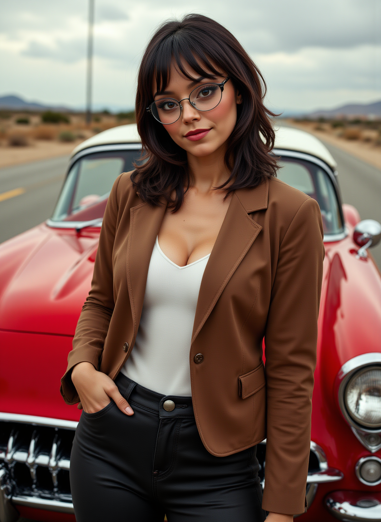From the front,She is approximately 18 years old. photoshoot poses, dynamic angles, multiple angles, photoshoot poses; a photo of N00dl3s, she is wearing glasses, a brown leather jacket and white shirt, black leather pants. She is driving a classic red and white corvette  on old route 66, She is smiling and looking at the camera. Atmospheric, Ultra Detailed, the scene is one of action. illustrious quality, deep rich colors, excellent composition ,making this image a masterpiece of photography and digital art. realistic. Style: realistic hyper-detailed rendering, 32k UHD, expressive eyes, punk, graphic design, girl's face, pretty and cute, gleaming lips, telling a tale of adventure. Exuding confidence and serenity. The overall mood of the image is happy and relaxed,detailed skin texture,(blush:0.2),(goosebumps:0.3),subsurface scattering,with a playful and whimsical tone. Perfection style.aidmafluxpro1.1