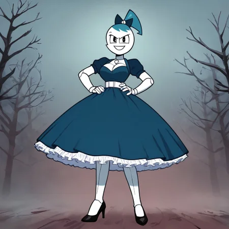 (Masterpiece, best quality:1.2), score_9, score_8_up, flat color, flat shading, soft shading, lighting, Jenny Wakeman as an adult, (((in a 1950's full length formal dark blue dress, a white belt, a fluffy frilly ruffled full white petticoat, and black high heels))), dress, layered petticoat, frilly petticoat, fluffy petticoat, full petticoat, detailed petticoat, wide skirt, detailed outfit, flowing skirt, (((long skirt))), (((solid dark blue colored dress, black high heels))), blue hair, series accurate, cute, best high quality, high res, robot, humanoid robot, (((big breasts, cleavage))), whole body shot, 1girl, (((solo, outside, in a dark creepy forest, at night, heavy fog surrounding her, fog, heavy fog, looking at you, low angle))), (((evil, evil smile, determined evil eyes, posing gracefully and evilly))), low angle shot, cartoon, cartoon style, vector, solo, circle dress, 1950s, dance dress jenny, jenny wakeman, 1girl, solo, robot joints, black eyes, white skin, ponytail, hair bow, blue rose chest corsage, poofy dress, blue hair, flat lighting,