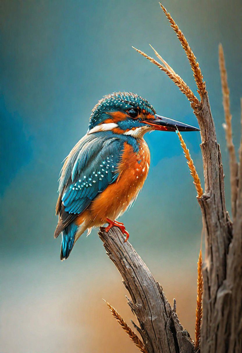 macro photo, A beautiful kingfisher perched on a dried tree beach in a river,blue water ,reeds plants insects serene , stunning masterpiece, vivid water colour , detailed on white chart paper. An evil eye symbol on the bottom right