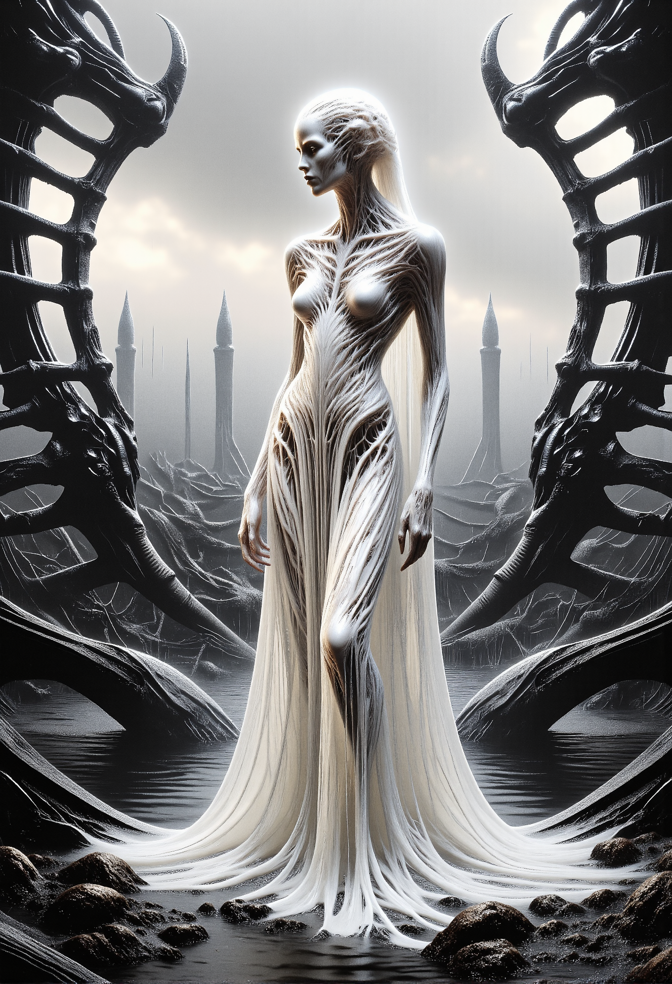 A woman with porcelain-smooth skin, her form rendered with sharp, geometric precision, stands serenely in a landscape of stark contrast: ebony black and ivory white. Abstract bone-like structures, reminiscent of a skeletal ribcage, frame her, creating a stark visual contrast to the flowing lines of her pristine white dress. Subtle textures, like the sheen of oil on water, ripple across the scene, adding a layer of delicate detail. The sky above is gray and overcast, with soft, diffused light filtering through the clouds. Her expression is serene yet melancholic, her eyes closed in quiet introspection, suggesting a deep contemplation of lifeâs transient nature. White liquid metal flows subtly across the scene, adding to the surreal and ethereal atmosphere. The overall impression is one of stark beauty and tranquil grief, a poignant meditation on the ephemeral essence of existence. <lora:RetroAnimeFluxV1.safetensors:0.5>,  <lora:Giger_2_0.safetensors:0.3>, <lora:style_of_H._R._Giger_FLUX_295-000006.safetensors:0.5>, <lora:monster_flux.safetensors:1.25>, <lora:aiai-Glimra-Flux-Dev-v2.safetensors:0.5>,