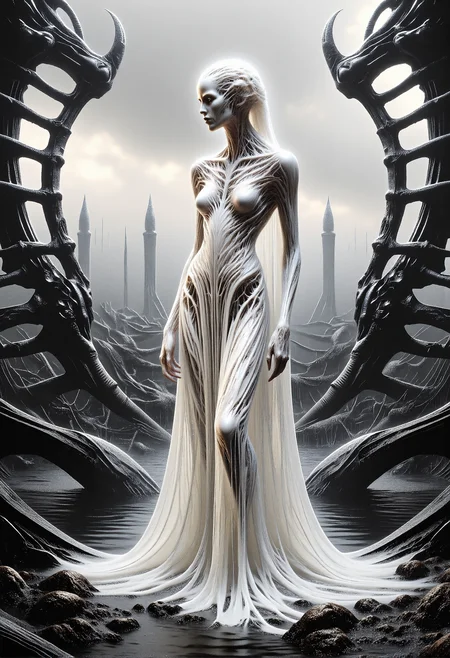 A woman with porcelain-smooth skin, her form rendered with sharp, geometric precision, stands serenely in a landscape of stark contrast: ebony black and ivory white. Abstract bone-like structures, reminiscent of a skeletal ribcage, frame her, creating a stark visual contrast to the flowing lines of her pristine white dress. Subtle textures, like the sheen of oil on water, ripple across the scene, adding a layer of delicate detail. The sky above is gray and overcast, with soft, diffused light filtering through the clouds. Her expression is serene yet melancholic, her eyes closed in quiet introspection, suggesting a deep contemplation of lifeâs transient nature. White liquid metal flows subtly across the scene, adding to the surreal and ethereal atmosphere. The overall impression is one of stark beauty and tranquil grief, a poignant meditation on the ephemeral essence of existence. <lora:RetroAnimeFluxV1.safetensors:0.5>, <lora:Giger_2_0.safetensors:0.3>, <lora:style_of_H._R._Giger_FLUX_295-000006.safetensors:0.5>, <lora:monster_flux.safetensors:1.25>, <lora:aiai-Glimra-Flux-Dev-v2.safetensors:0.5>,