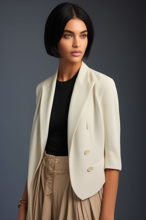 masterpiece, best quality, ultra detailed, bellissima, 1girl, solo, cowboy shot, she is wearing with a black t-shirt , white skirt with a white blazer. Armani style, very short hair, black hair