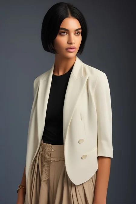masterpiece, best quality, ultra detailed, bellissima, 1girl, solo, cowboy shot, she is wearing with a black t-shirt , white skirt with a white blazer. Armani style, very short hair, black hair