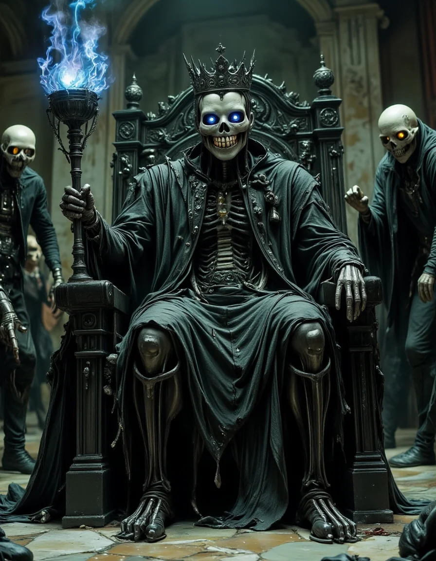 Necromantic Royalty, cursed monarch, throne room of the dead â A regal yet decayed figure sits upon a towering obsidian throne, its elaborate, tattered robes flowing like liquid shadow across the cracked marble floor. Its skeletal hands clutch an ancient scepter adorned with flickering blue flames, casting an otherworldly glow upon its ornate, blackened crown. The face is masked in cold, polished metal, smooth and unyielding, but the mouth remains disturbingly organic, revealing a perfect, eerily lifelike row of human teeth, ral-rbotth, frozen in an eternal, unnatural grin. Spectral figures loom in the background, their hollow eyes locked onto their ruler, whispering in a forgotten tongue as the room trembles under unseen power.
<lora:ral-rbotth-flux:0.8> <lora:dark-fantasy-flux:1>