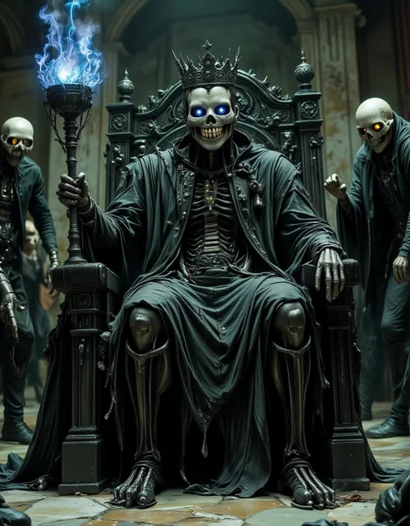 Necromantic Royalty, cursed monarch, throne room of the dead â A regal yet decayed figure sits upon a towering obsidian throne, its elaborate, tattered robes flowing like liquid shadow across the cracked marble floor. Its skeletal hands clutch an ancient scepter adorned with flickering blue flames, casting an otherworldly glow upon its ornate, blackened crown. The face is masked in cold, polished metal, smooth and unyielding, but the mouth remains disturbingly organic, revealing a perfect, eerily lifelike row of human teeth, ral-rbotth, frozen in an eternal, unnatural grin. Spectral figures loom in the background, their hollow eyes locked onto their ruler, whispering in a forgotten tongue as the room trembles under unseen power.
<lora:ral-rbotth-flux:0.8> <lora:dark-fantasy-flux:1>