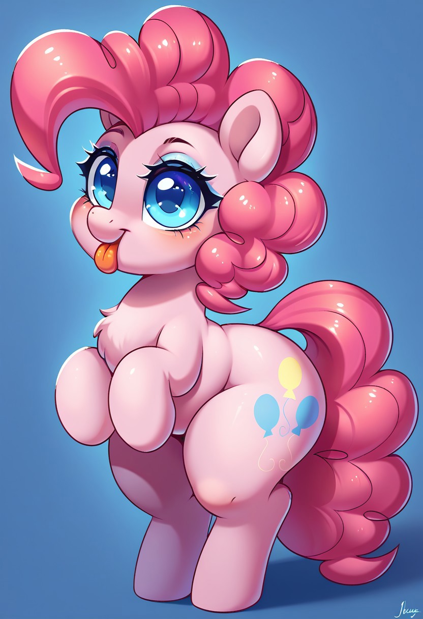 score_9, score_8, score_7, source_pony, pinkie pie, thick thighs, ahoge, standing, makeup, tongue out, tail raised
