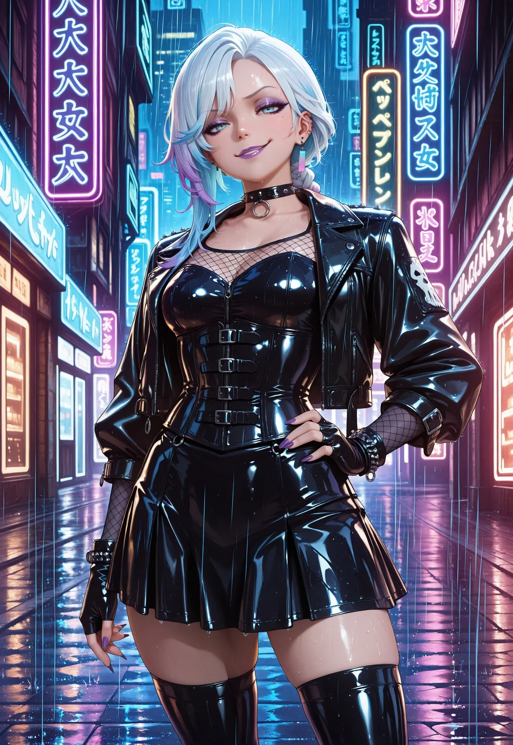 1girl, lyarah, blue eyes, white hair, blue hair tips, single braid, gradient hair, multicolored hair, colored inner hair, two-tone hair, purple highlights, masterpiece, best quality, absurdres, medium breasts, goth, emo, punk,
latex elbow gloves, latex thighhighs, latex corset, black jacket, fishnet shirt, black skirt, fingerless gloves, piercings, studded choker, o-ring choker,
lipstick, purple lips, eyeshadow, mascara, makeup, purple nails, long nails,
outdoors, cyberpunk city, cyberpunk bar, neon lights, dark, rain, dynamic lighting,
standing, solo, hand on own hip, smug, smug grin, smirk, mechanical eyes,
highly detailed, majestic, realistic lighting, shallow depth of field, movie still, hard light