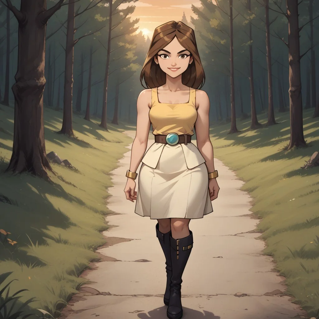 score_9, score_8, BREAK, solo, brown hair, lips, yellow sleeveless top, belt, white skirt, black high heel boots, yellow bracelet, breasts, total drama, Taylor_(Total_Drama), sexy pose, self portrait, smile, outdoors, sunlight, shadows, evening lighting, natural lighting, forest, trees, grass, orange sky, sunset